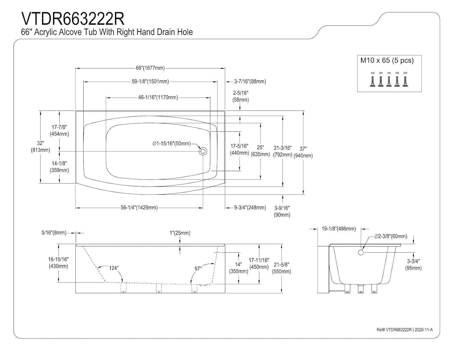 Kingston Brass Aqua Eden 66-Inch Acrylic Curved Rectangular Apron 3-Wall Alcove Tub, Drain