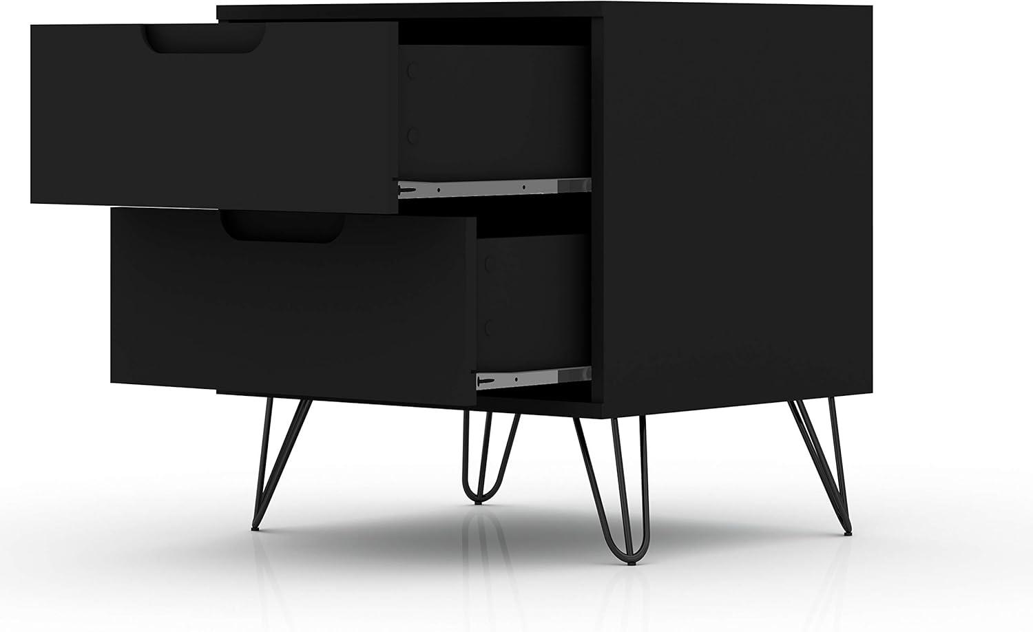 2.0 Rockefeller Nightstand Black - Manhattan Comfort: Modern Bedside Table with Metal Legs & Storage