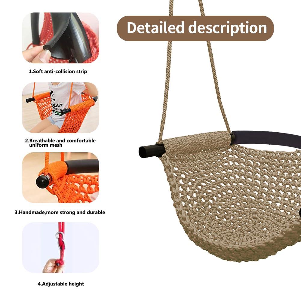 Hand-Knitting Toddler Swing, Swing Seat for Kids with Adjustable Ropes, Little tikes Swings Set, for Outdoor Indoor, Playground, Backyard (Light Brown)