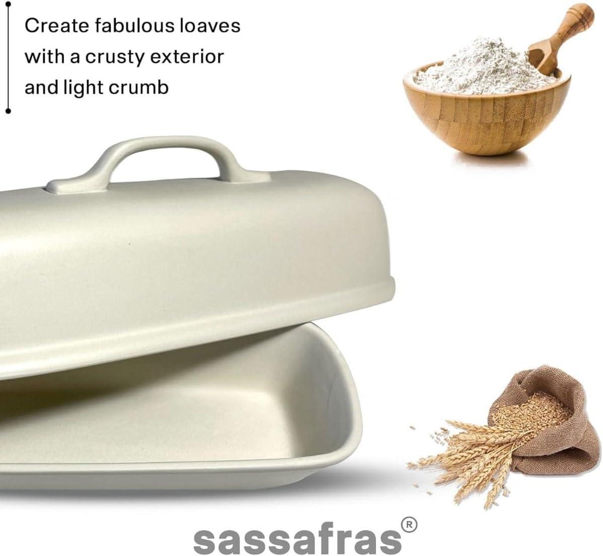 Sassafras Superstone® Covered Bread Baker with Lid - Bisque Glazed Exterior and Unglazed Interior Stoneware Bakeware - Bakes an Artisan Italian Bread with Crusty Crust and a Light Crumb