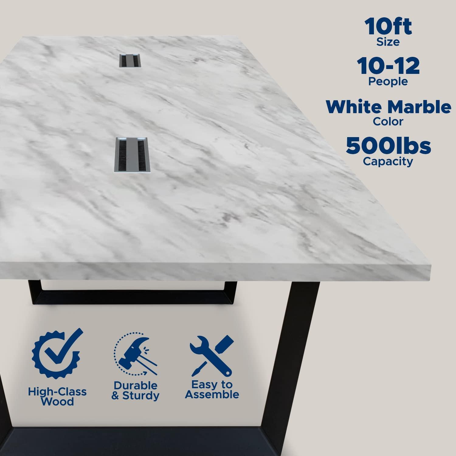Sturdy Conference Table with Cable Management Grommets Modern Rectangle Office Meeting Table with Wood Tabletop and Metal Frame & Legs- Easy Assembly Boardroom Table (White Marble, 10 Foot)