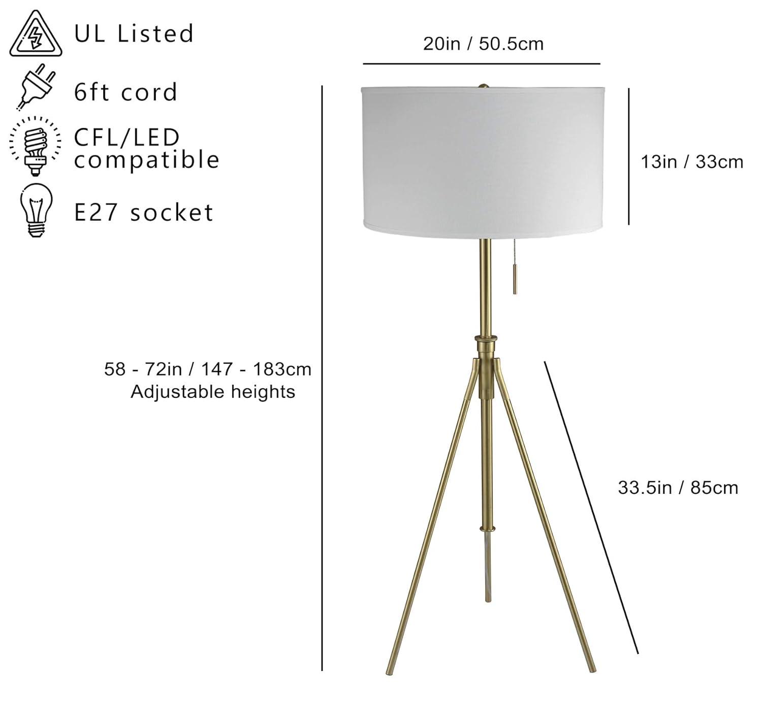 SH Lighting Contemporary Adjustable Matte Gold Tripod Floor Lamp - Features Large Drum Shade and Convenient Foot Switch - 58-72" Tall Great for Living or Bedrooms - Gold