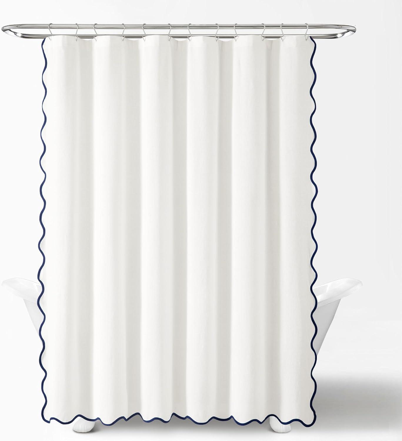 Boho Chic Aesthetic Scallop Edge Shower Curtain, Decorative Coastal Bathroom Curtain for Home Decor, 72 x 72 White and Navy Elegant Minimalist Textured Cloth Bath Curtain (LQ-36)