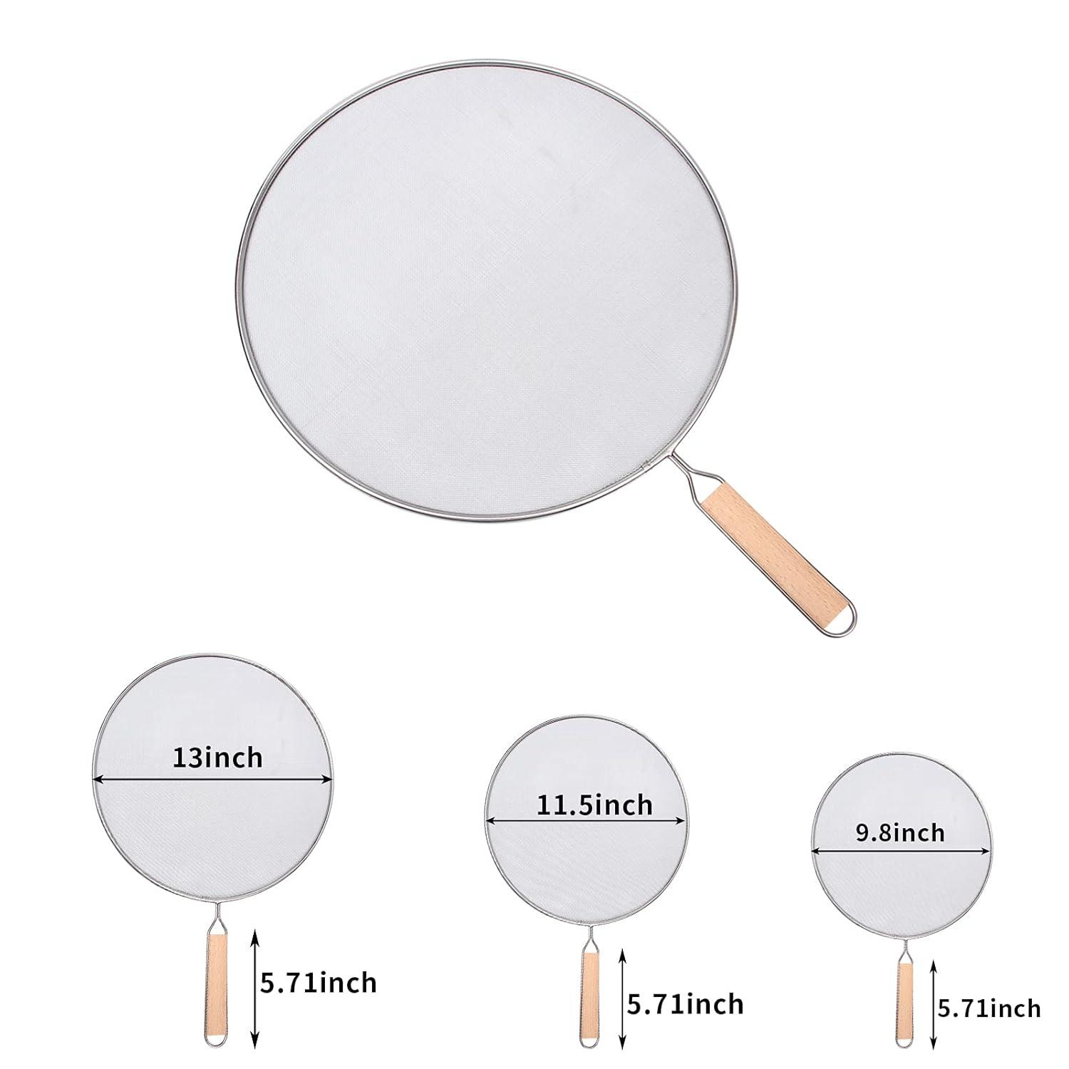 3 Pieces Grease Splatter Screen for Frying Pan, Splatter Guard Mesh Stainless Steel Grease Guard Shield for Kitchen Frying Pan Cooking Supplies Set of 9.44", 10.8" and 12.5" inch (Wood Handle)