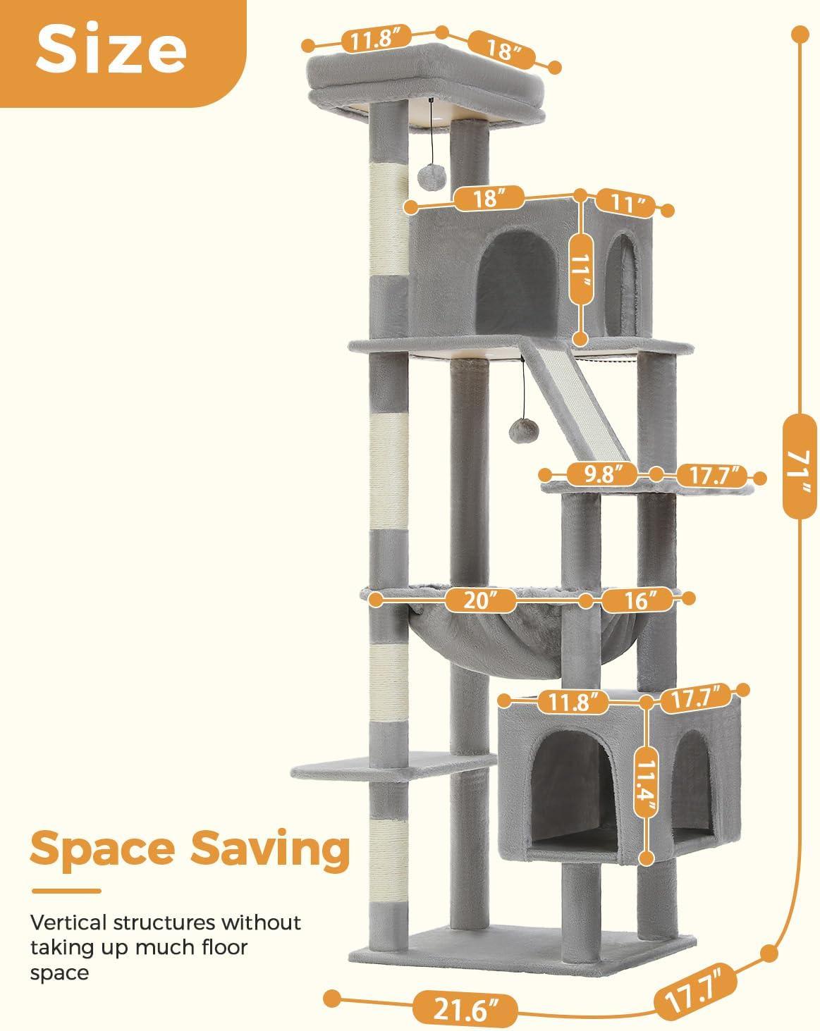71" Indoor Tall Large Cat Tree Multi-Level Cat House With 2 Big Condo Pad Bed, Cozy Hammock And Scratching Posts