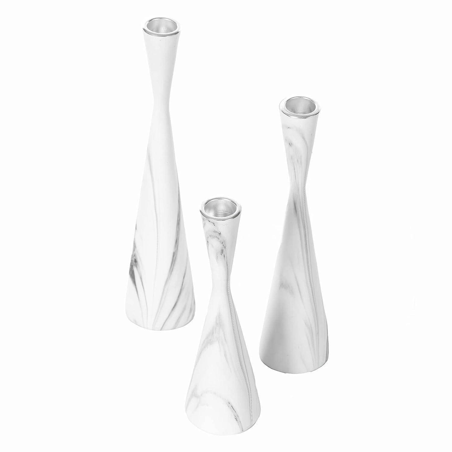 Ivy Bronx Marble Resin Candle Holders - 3 Set Taper Candlesticks for Home Decor, Table Centerpieces, White