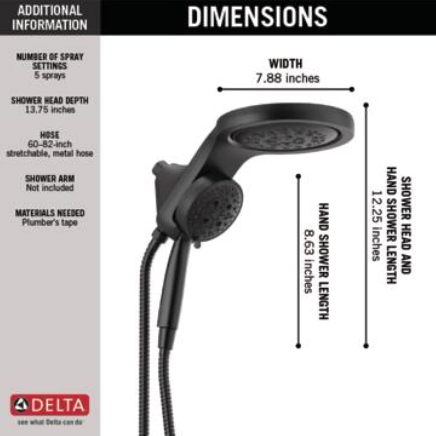 Delta 6-Setting HydroRain 2-in-1 Dual Shower Head with ProClean Spray, 1.75 GPM 56000-BL