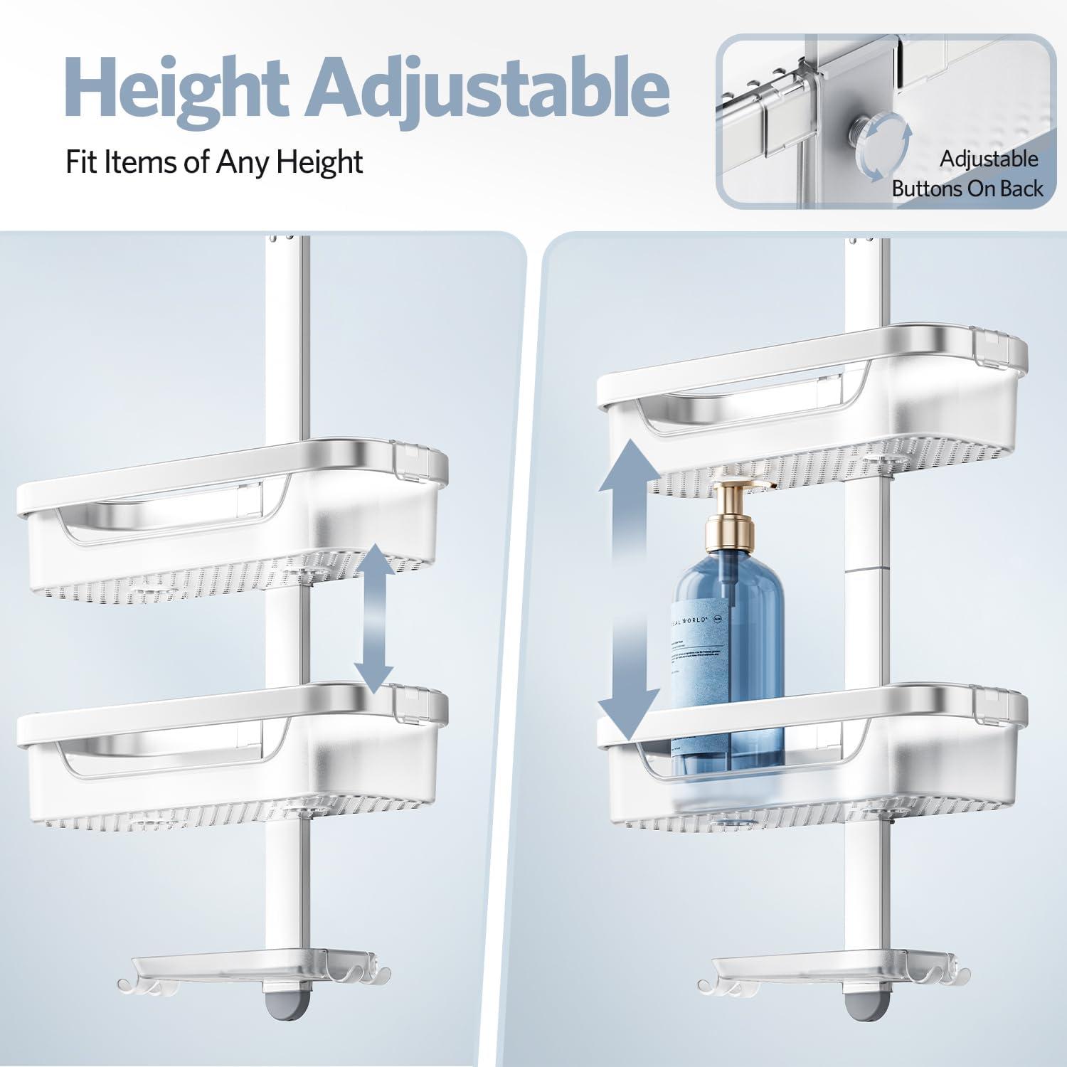 Adjustable-Shower-Caddy-Hanging, Rust Proof Shower Hanging Organizer, 3-Tier Aluminum Alloy + ABS, Large Capacity Shower Caddy Over-The-Showerhead With Hooks, Razor Holder, Soap Dish