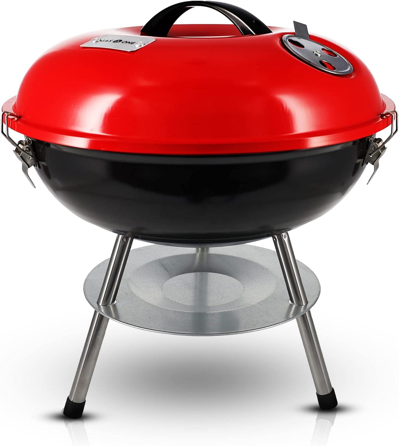 14-Inch Red Portable Charcoal Grill with Smoker