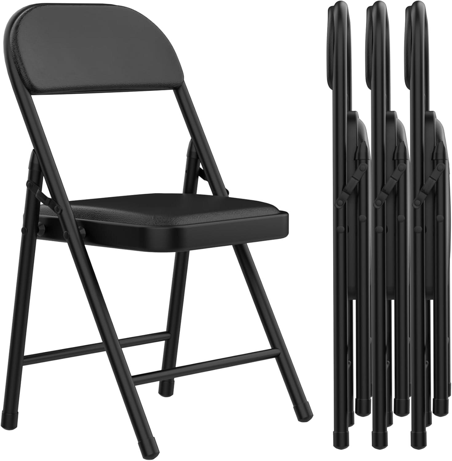 Black Metal Folding Dining Chairs with Cushions, Set of 2
