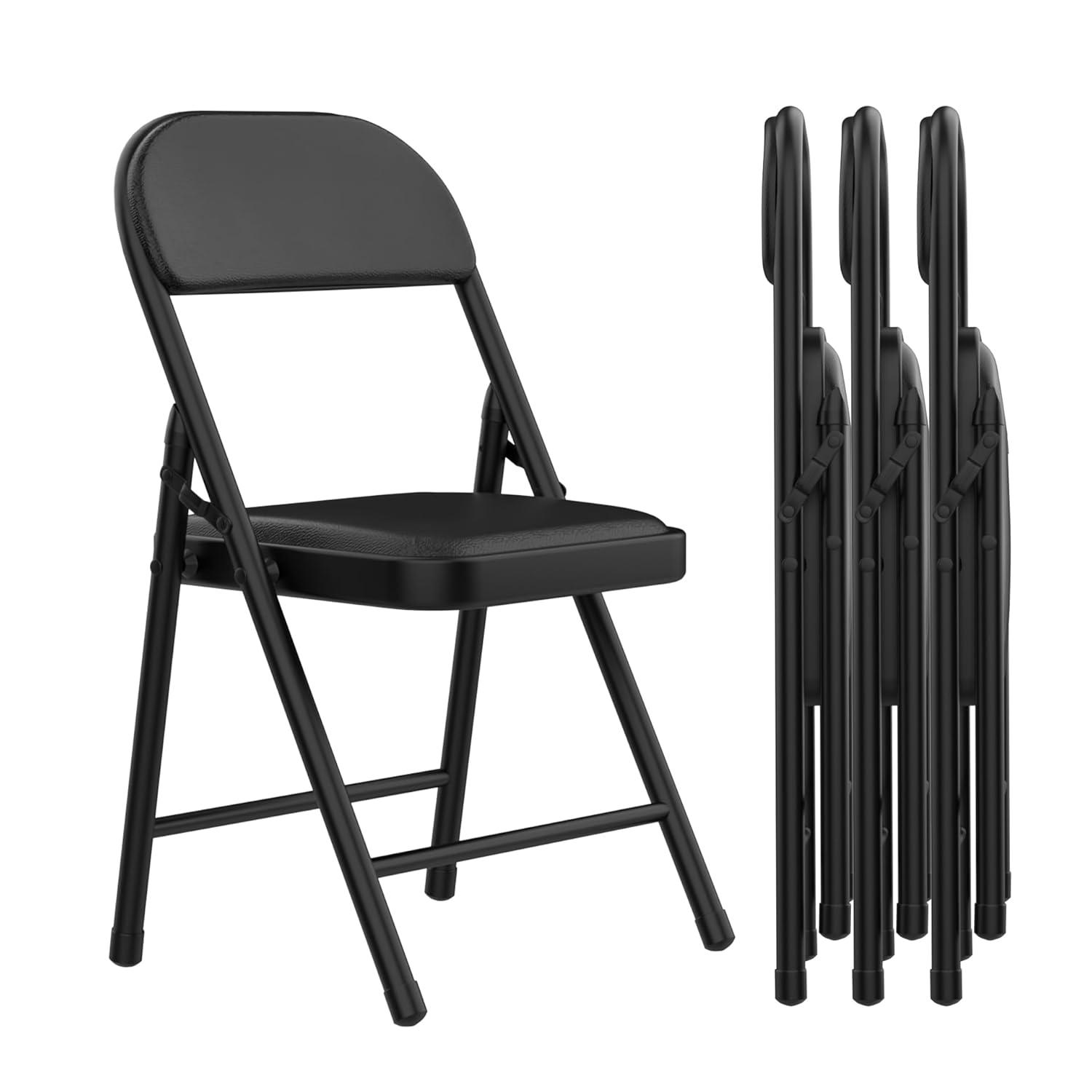 Black Metal Folding Dining Chairs with Cushions, Set of 2