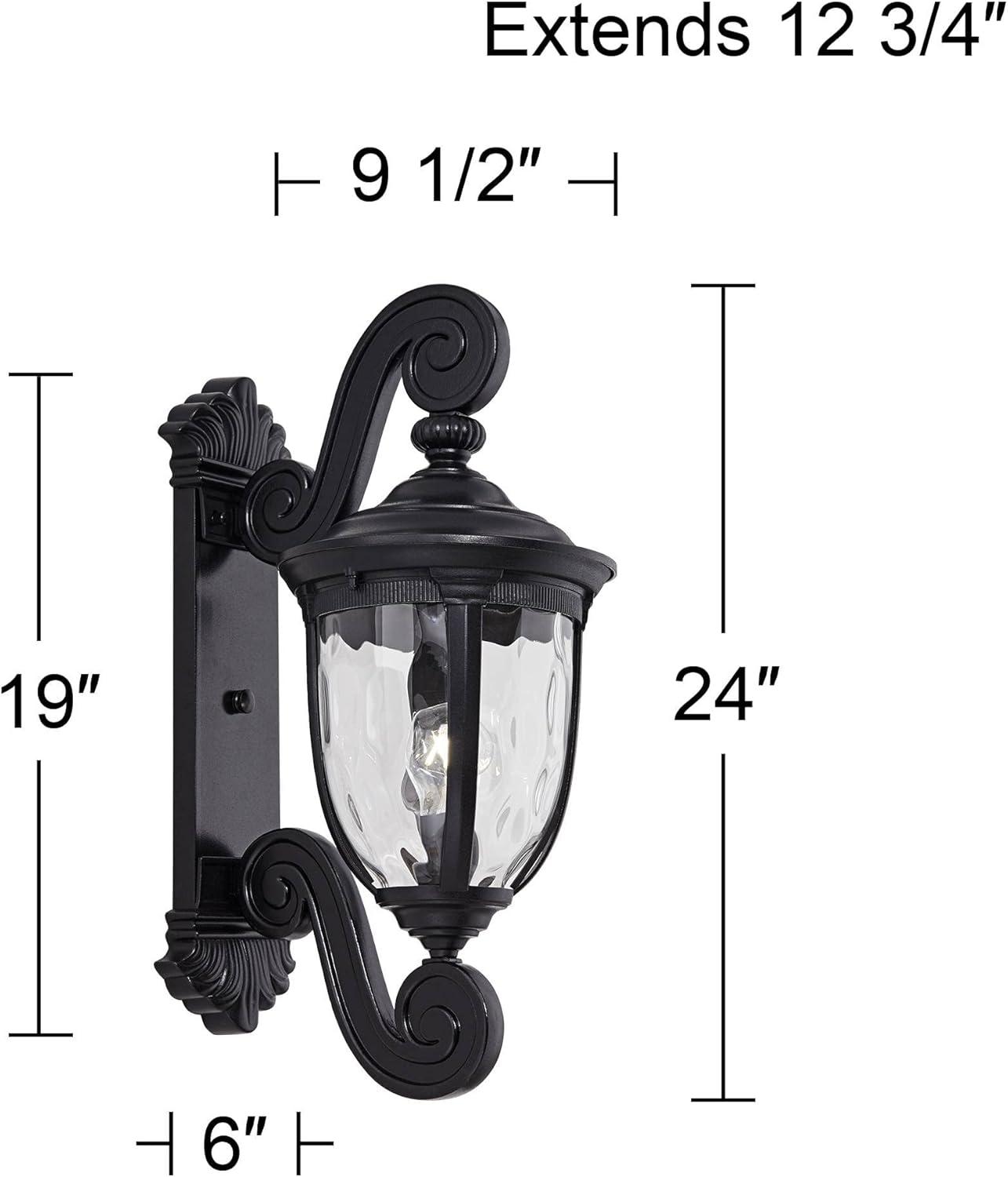 Bellagio Dual Scroll 24" Black Outdoor Wall Light with Clear Hammered Glass