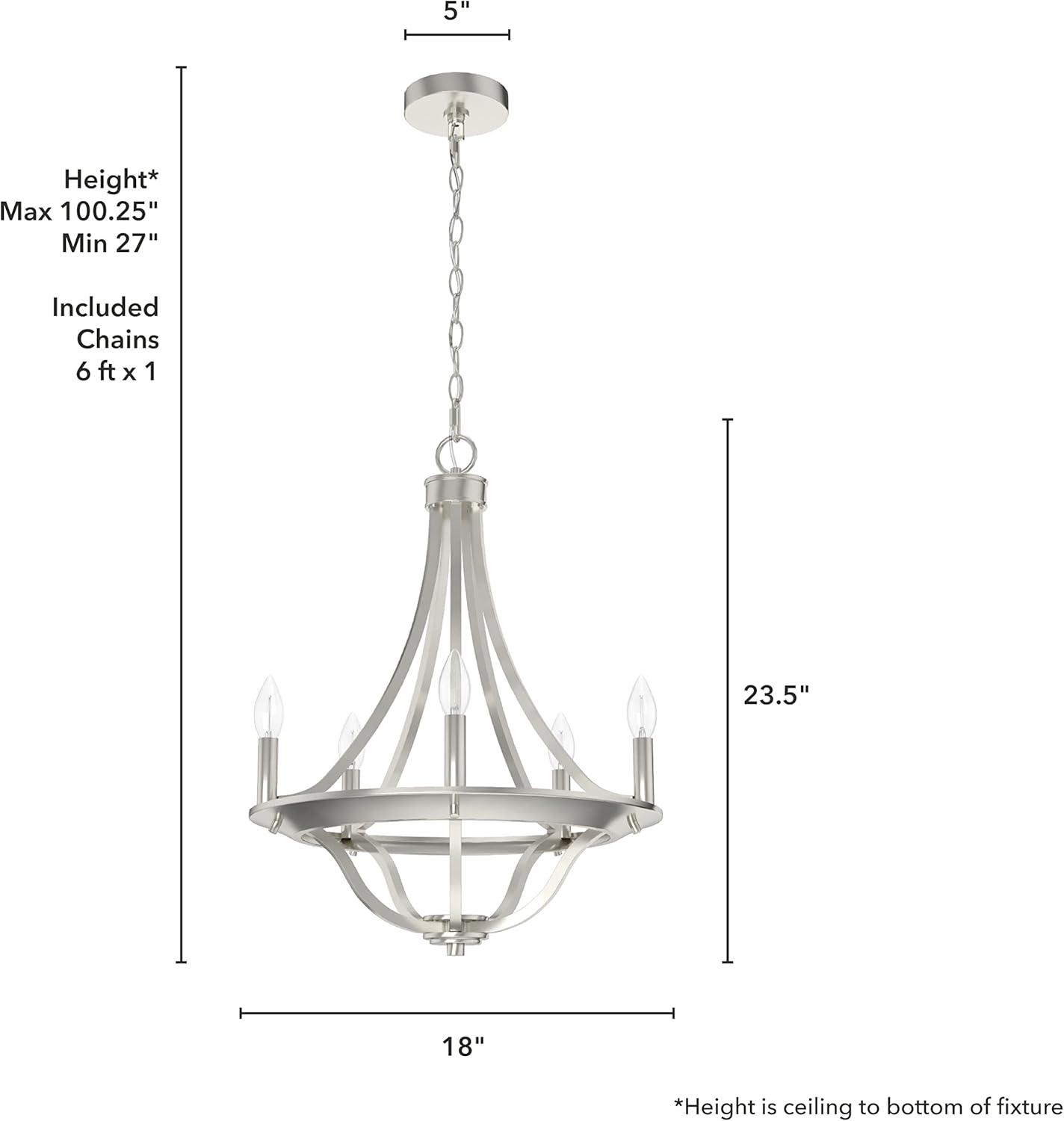 Hunter - Perch Point 5-light Brushed Nickel, Medium Size Chandelier, Dimmable, Casual Style, Empire Shaped, for Bedrooms, Kitchens, Dining, Living Rooms - 19425