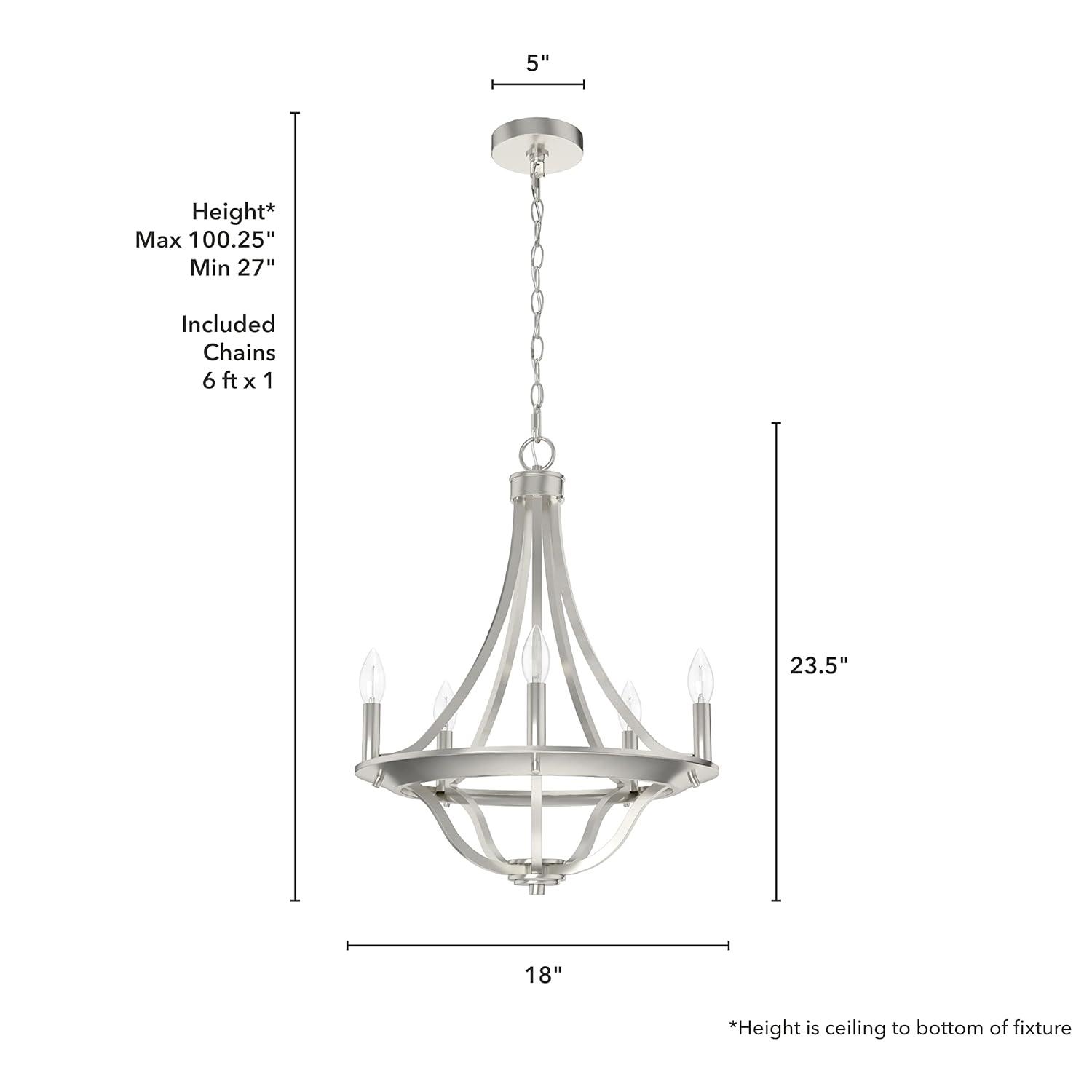 Hunter - Perch Point 5-light Brushed Nickel, Medium Size Chandelier, Dimmable, Casual Style, Empire Shaped, for Bedrooms, Kitchens, Dining, Living Rooms - 19425
