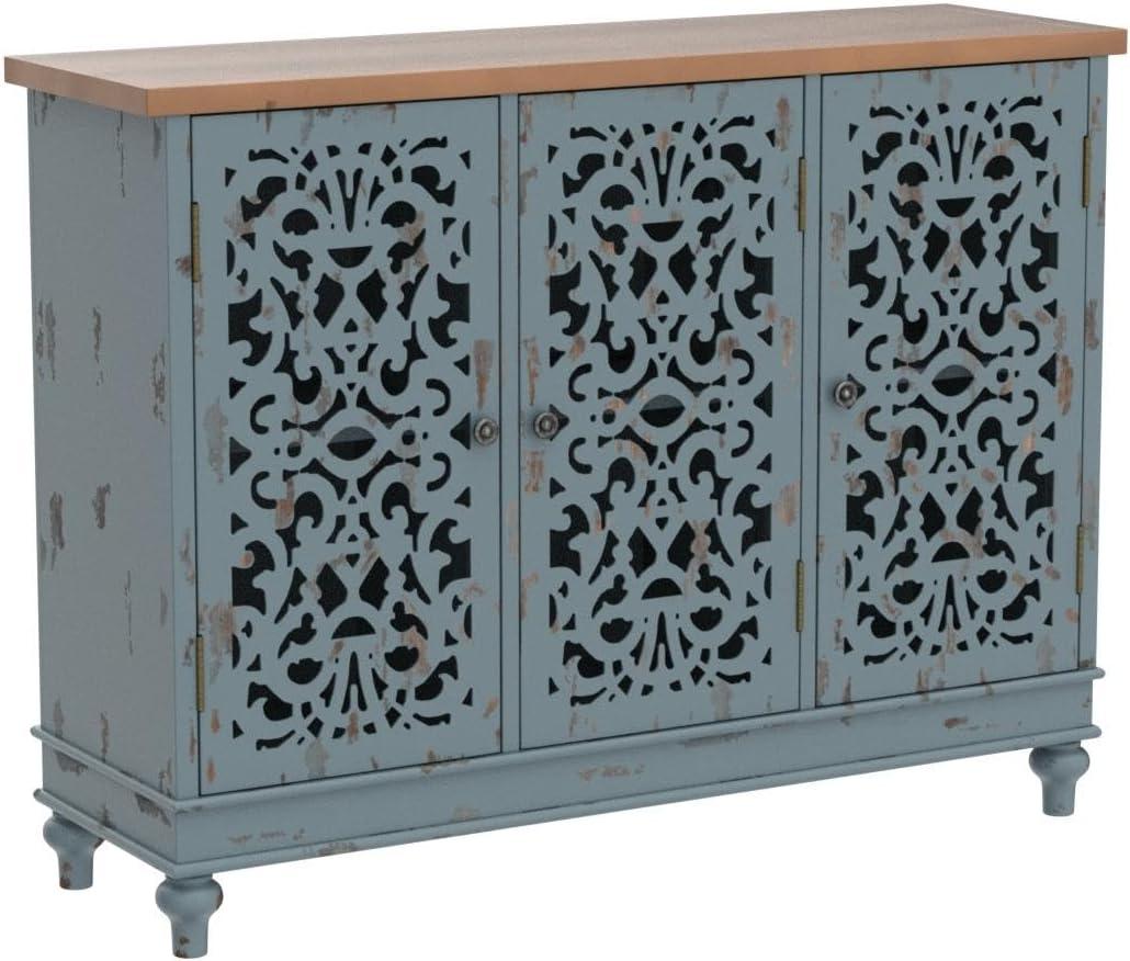 Sophia & William 3-Door Hollow-Carved Sideboard Accent Cabinet for Kitchen, Dining Room, Living Room, Entryway-Blue