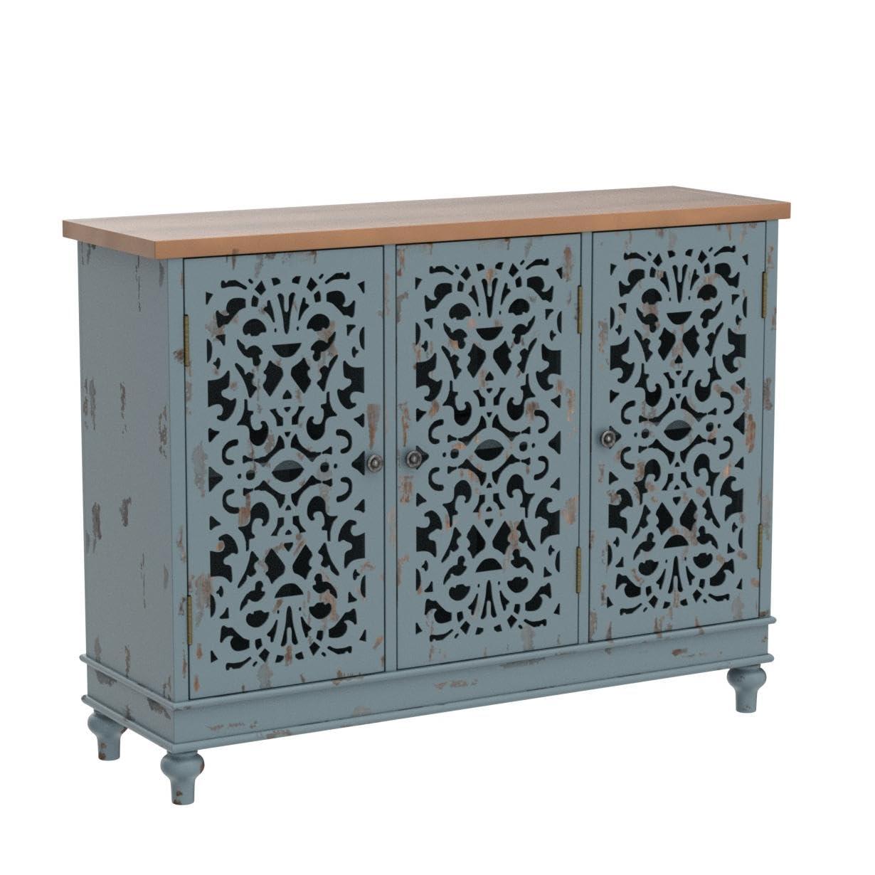 Sophia & William 3-Door Hollow-Carved Sideboard Accent Cabinet for Kitchen, Dining Room, Living Room, Entryway-Blue