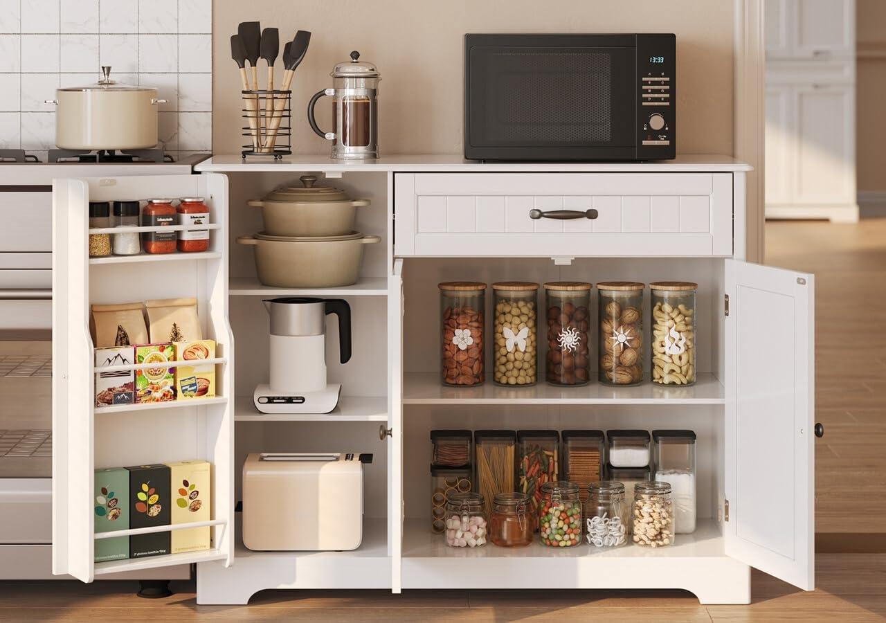 White MDF Kitchen Sideboard Buffet Cabinet with Drawer and Shelves