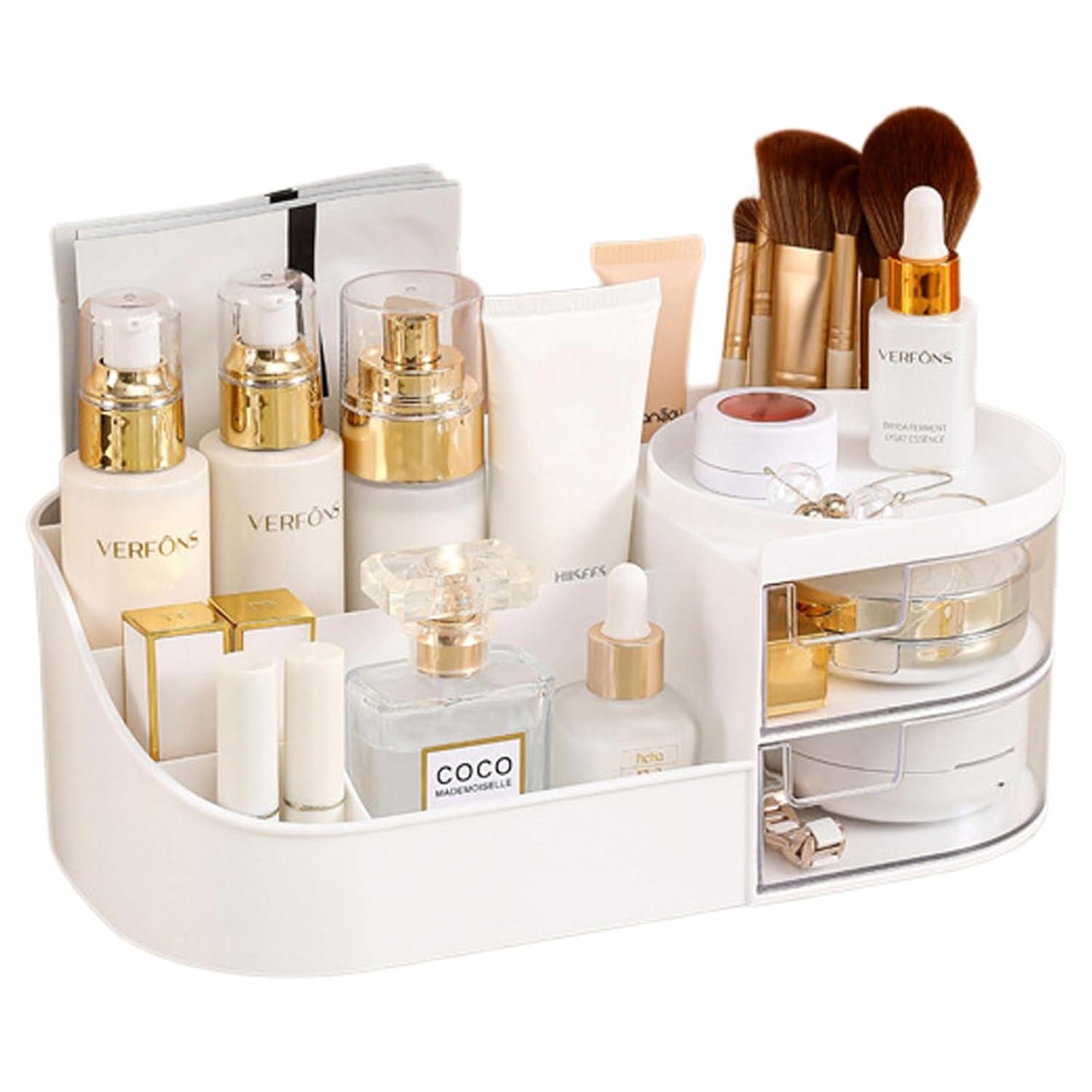skin care organizer,Makeup Desk Organizer With Drawers,Countertop Organizer for Cosmetics,Vanity brush with Holder for Lipstick, Brushes, Eyeshadow, and Jewelry Desktop Finishing Dresser (White)
