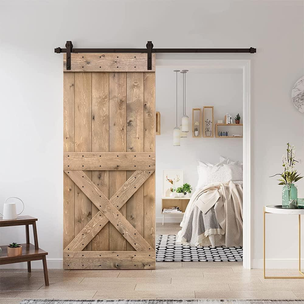 Ocean Blue Knotty Pine Wood Sliding Barn Door with Oil-Rubbed Bronze Hardware