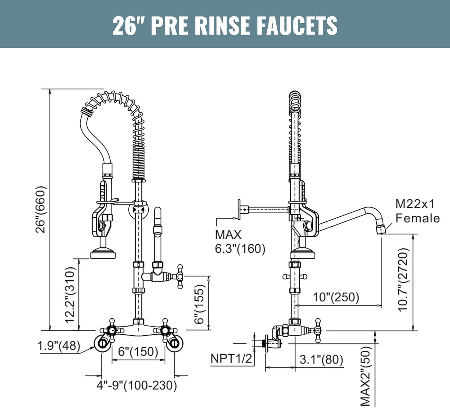 26 in. Commercial 3-Handle Pull Down Kitchen Faucet Wall Mount with Pre Rinse Sprayer in Chrome