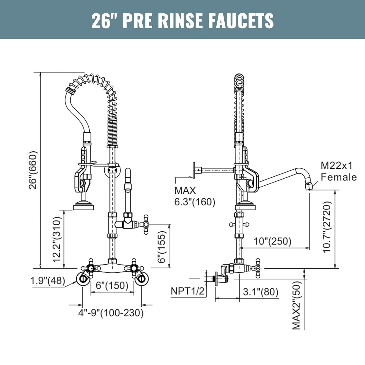 26 in. Commercial 3-Handle Pull Down Kitchen Faucet Wall Mount with Pre Rinse Sprayer in Chrome