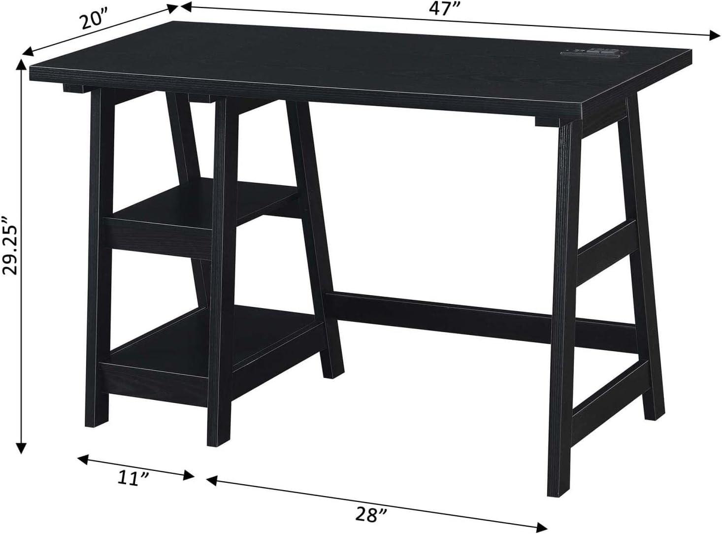 Modern Black Wood Desk with USB Charging Station, 47" Length