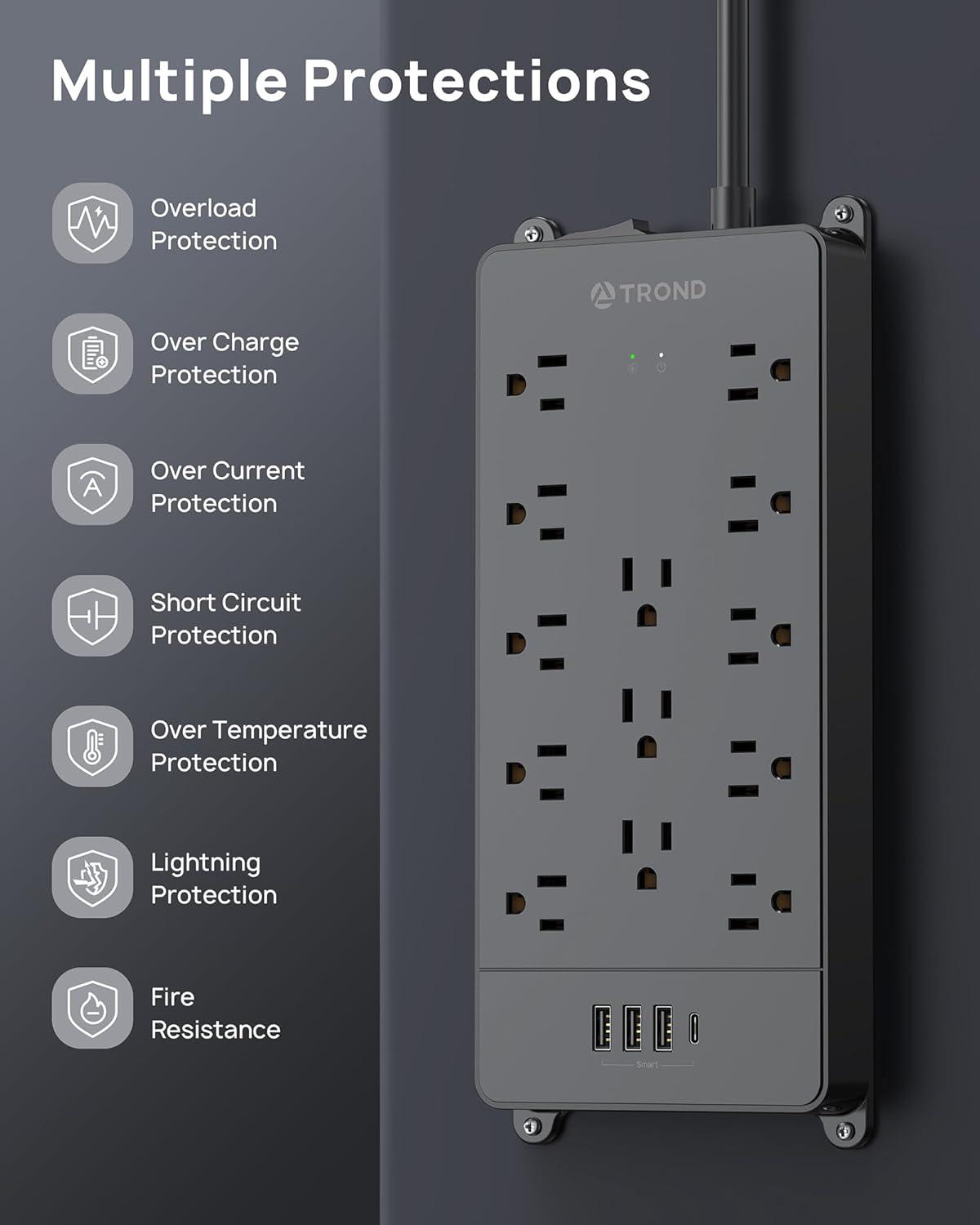 TROND Surge Protector Power Strip with USB, 10ft Long Extension Cord Multi Plug Outlets, 4 USB and 13 AC Outlets 4000J, ETL Listed, Black