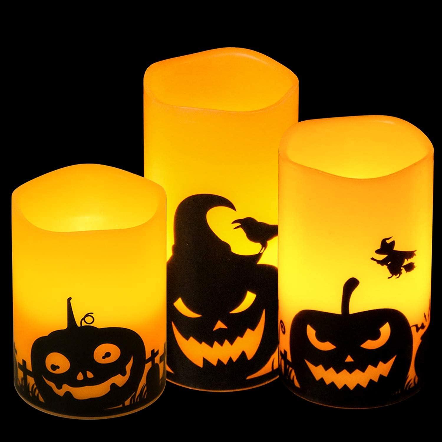 Set of 3 Yellow Flameless Halloween Pumpkin LED Candles