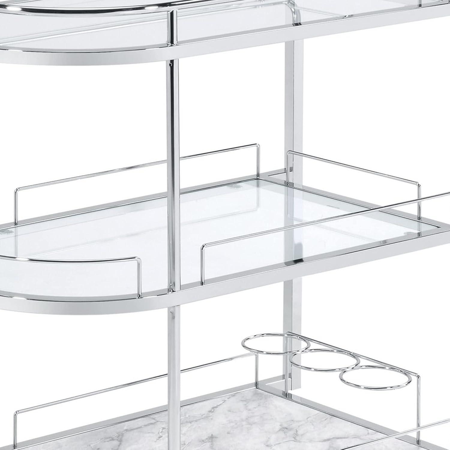 Serving Cart with Oval Shape and Metal Bar Handle Silver