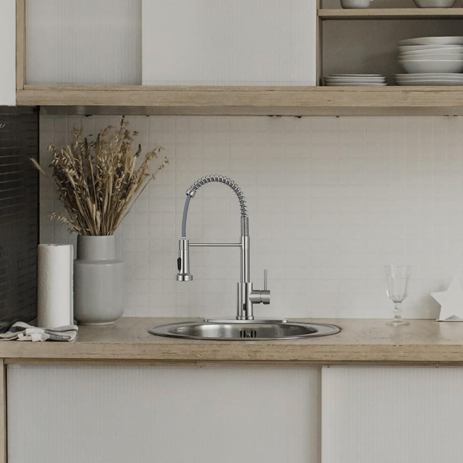Coliware Kitchen Sink Faucet Brushed Nickel with Pull Down Sprayer, Stainless Steel Spring Kitchen High Arc Commercial Faucets with Deck Plate 1 or 3 Hole