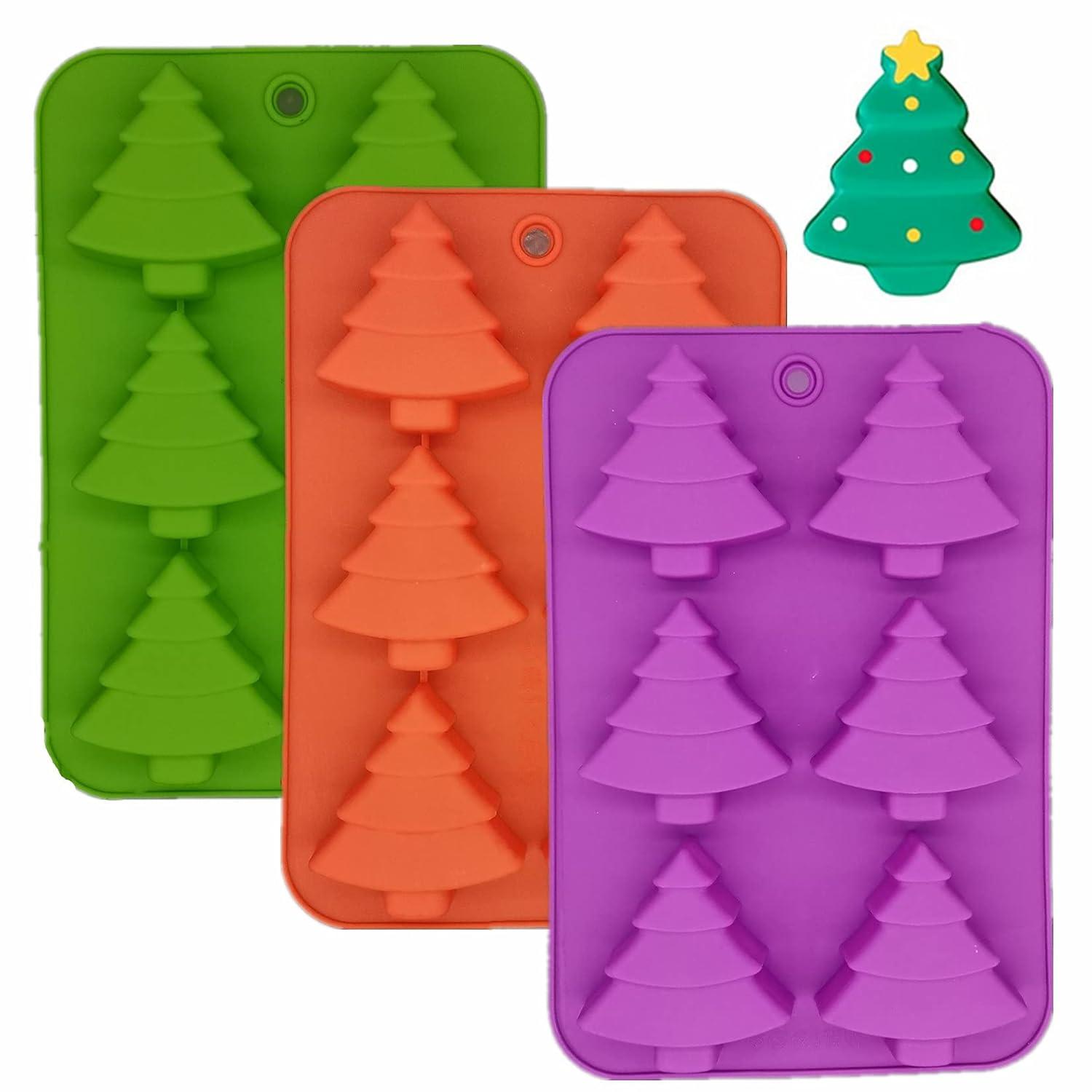 3 Pack Christmas Tree Silicone Molds,6 Cavity Candy Baking Trays for Holiday Cakes,Candies,Gummy,Chocolates,Jelly,Soap,Ice Cube,Cookies (red, green, purple)