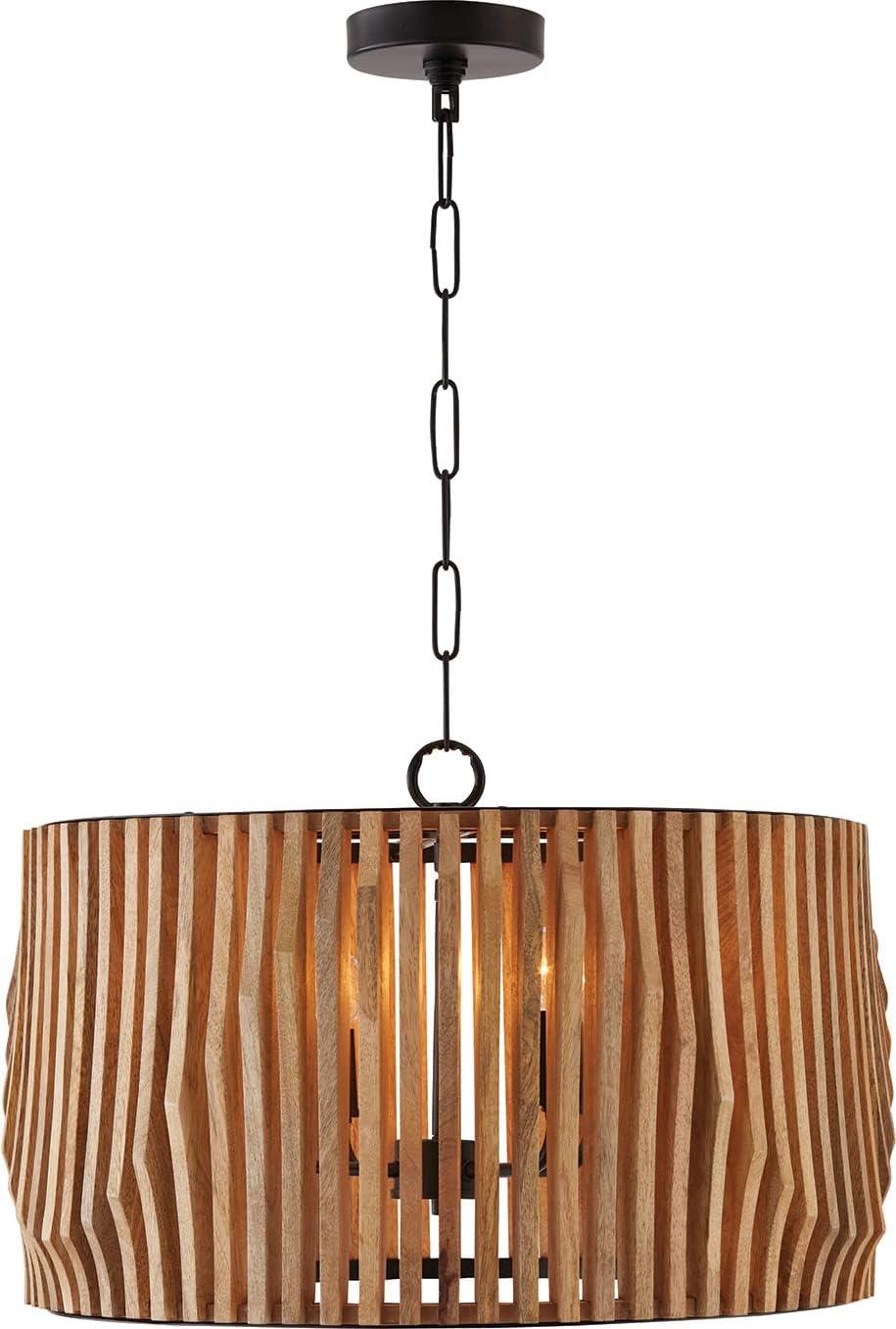 24" Light Wood and Matte Black Drum Pendant Light