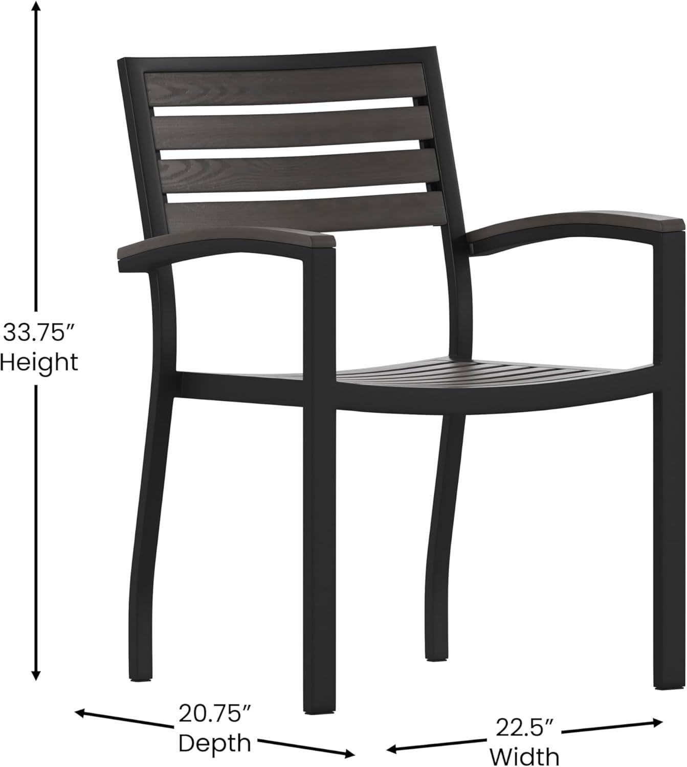 Flash Furniture 2 Pack All-Weather Black Aluminum Patio Stack Chairs - Gray Wash Faux Teak Slats