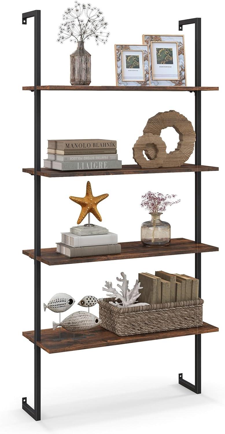 Costway 4-Tier Ladder Shelf Bookshelf Industrial Wall Shelf w/Metal Frame Rustic Brown