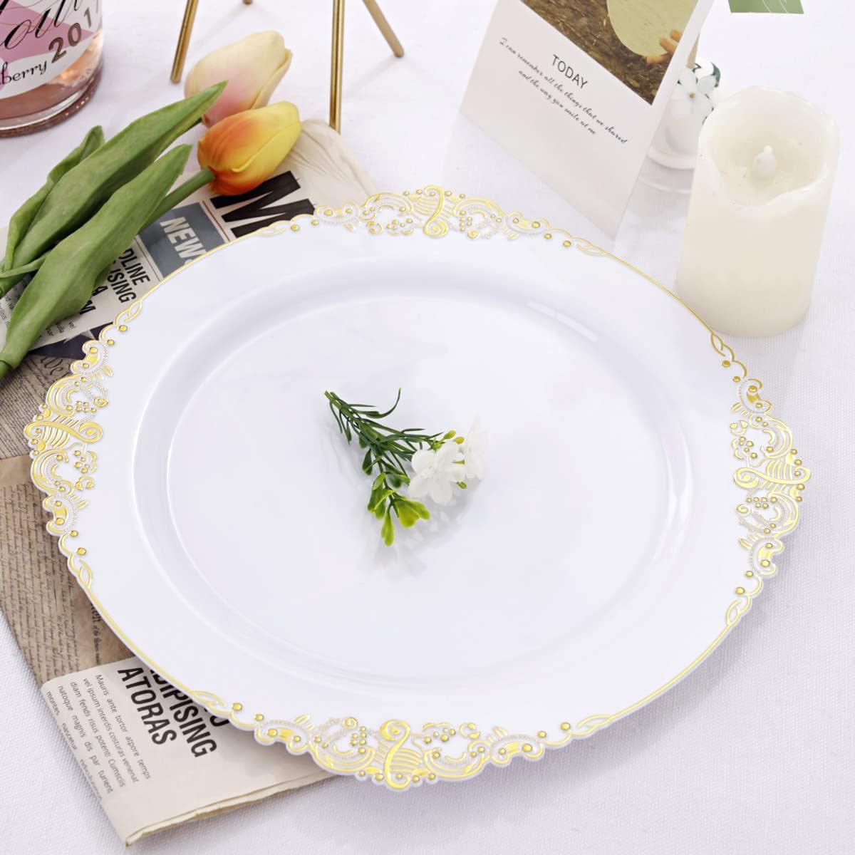 White and Gold Floral Rim Round Plastic Plates Set