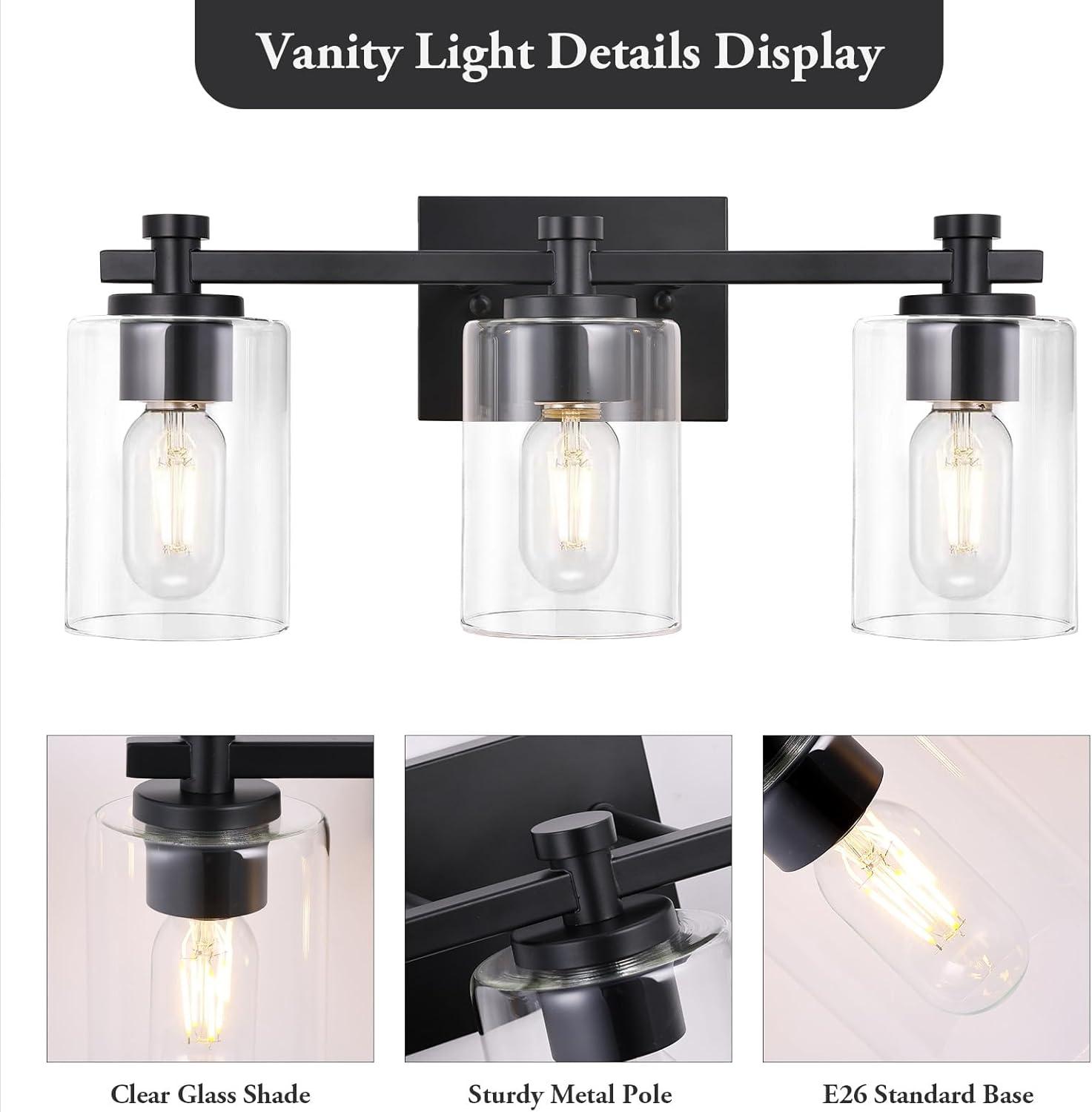 3-Light Bathroom Light Fixtures Bathroom Vanity Lights with Clear Glass Shades Matte Black Bathroom Light Fixtures over mirror for Mirror Living Room Cabinet Bedroom Porch