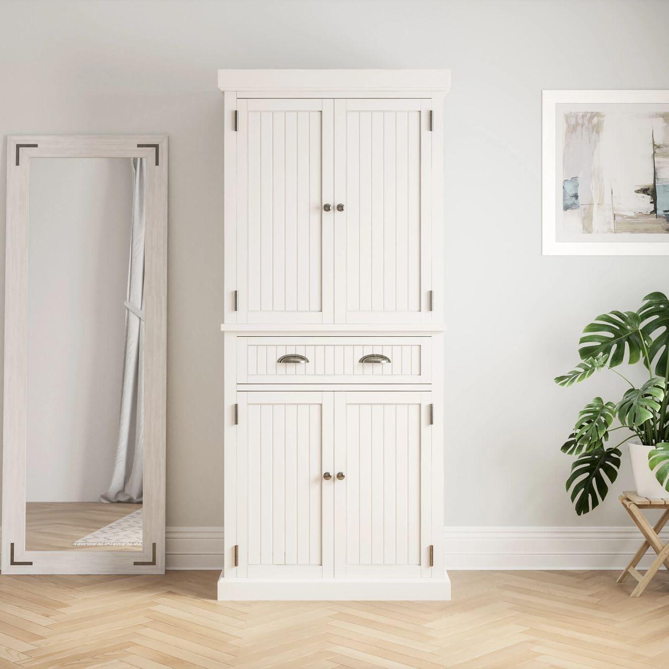 Nantucket Pantry Off White - Homestyles: Coastal Style Storage, 4-Door Hardwood Cabinet with Adjustable Shelves