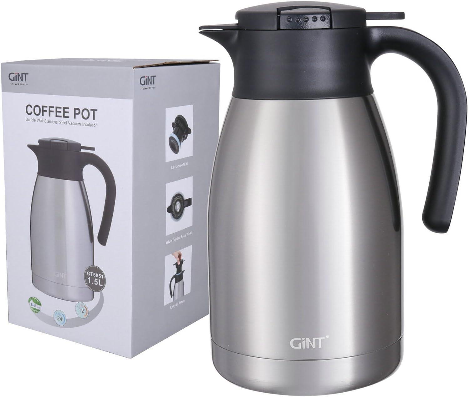 GiNT 51Oz Stainless Steel Thermal Coffee Carafe with Lid/Double Walled Vacuum Thermal Carafe / 12 Hour Heat Retention (Silver, 1.5L)