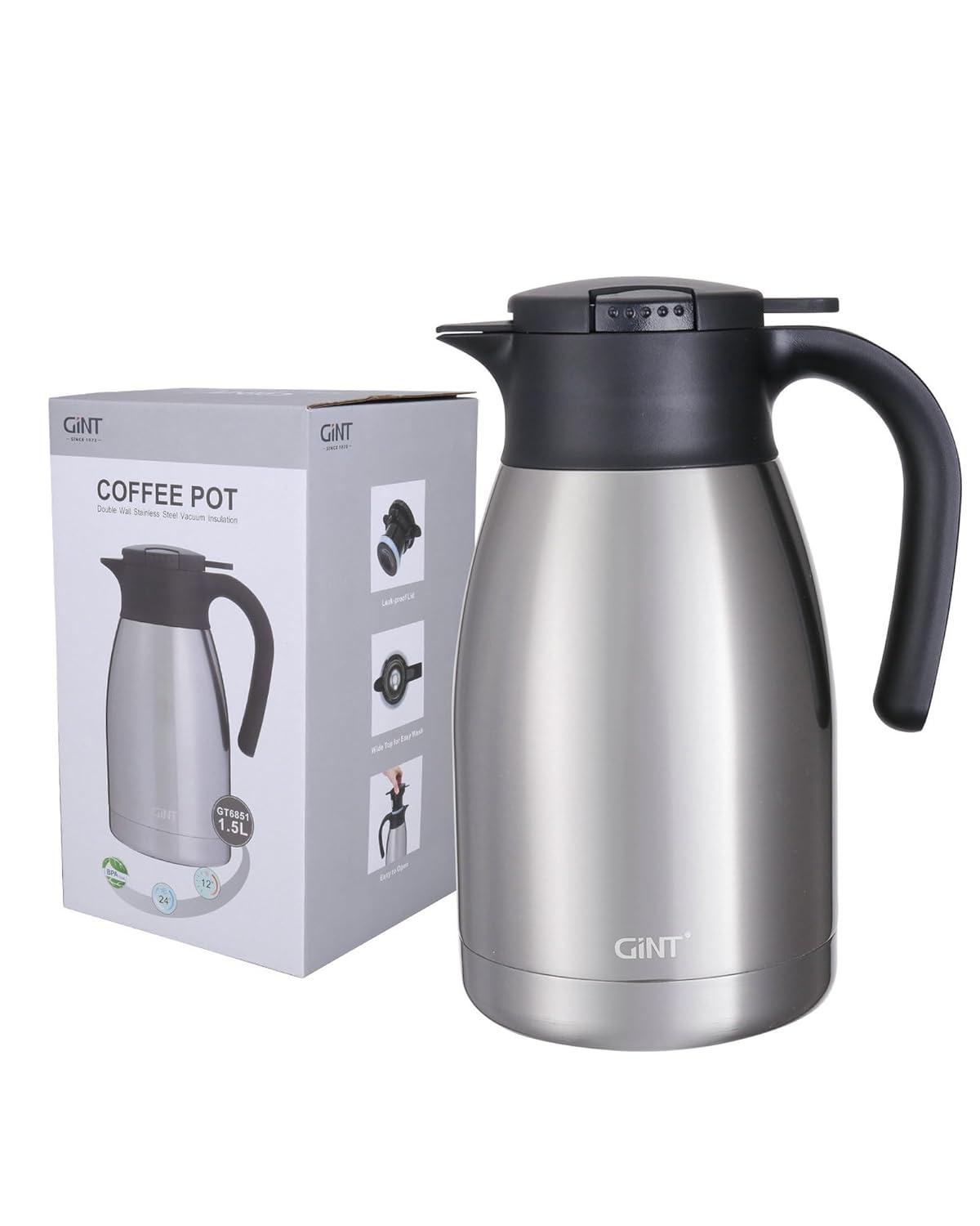 GiNT 51Oz Stainless Steel Thermal Coffee Carafe with Lid/Double Walled Vacuum Thermal Carafe / 12 Hour Heat Retention (Silver, 1.5L)