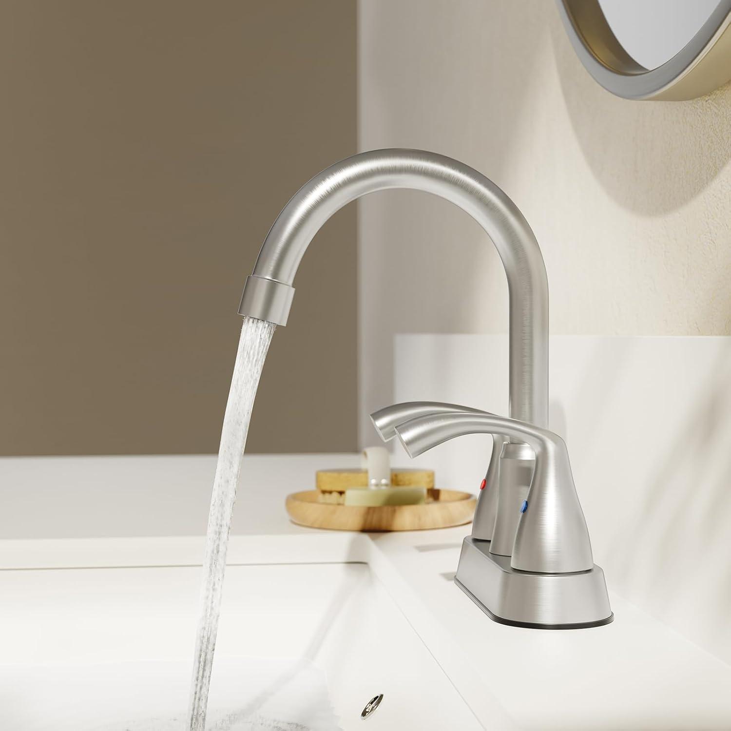 Phiestina Centerset 4 Inch 2 or 3 Holes Brushed Nickel Bathroom Faucet, Vanity Sink Faucet with 360 Swivel Spout, Metal Pop-up Drain and Water Supply Lines, JC180-BN
