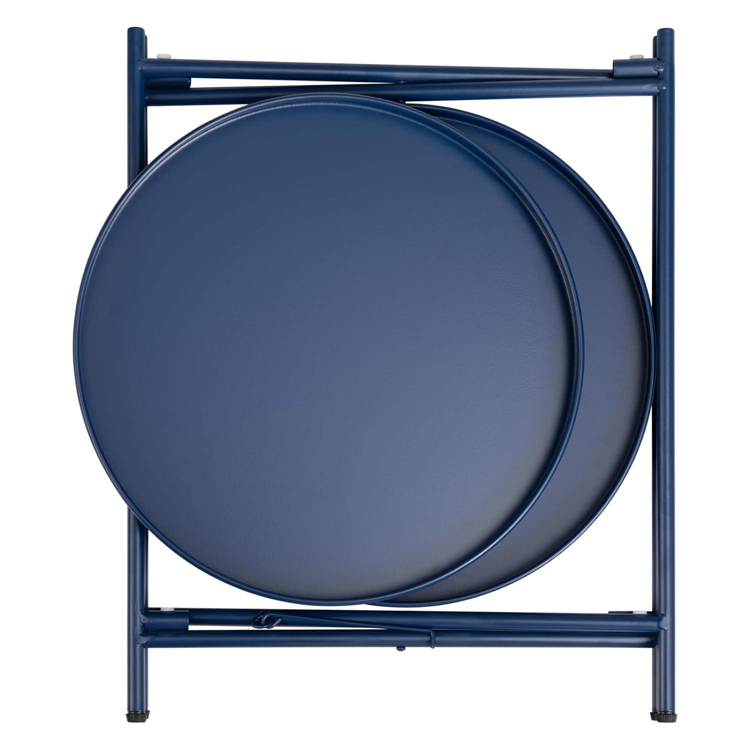 HollyHOME 2-Tier Round Side Table, Outdoor Small Folding Accent Stand with Removable Tray, Anti-Rust Metal Asional Table for Balcony Patio Living Room, Nightstand for Bedroom(Navy Blue)