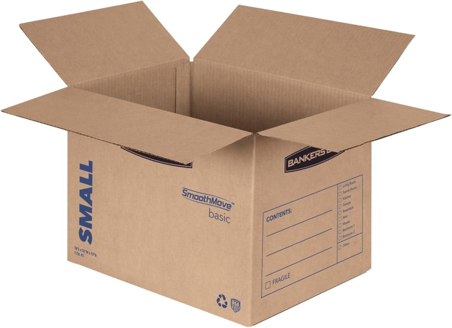 SmoothMove Basic Moving Boxes, Small Internal Dimensions: 12" Width x 16" Depth x 12" Height - External Dimensions: 12.3" Width x 16.5" Depth x 12.6" Height - Heavy Duty - Corrugated - Kraft, Black