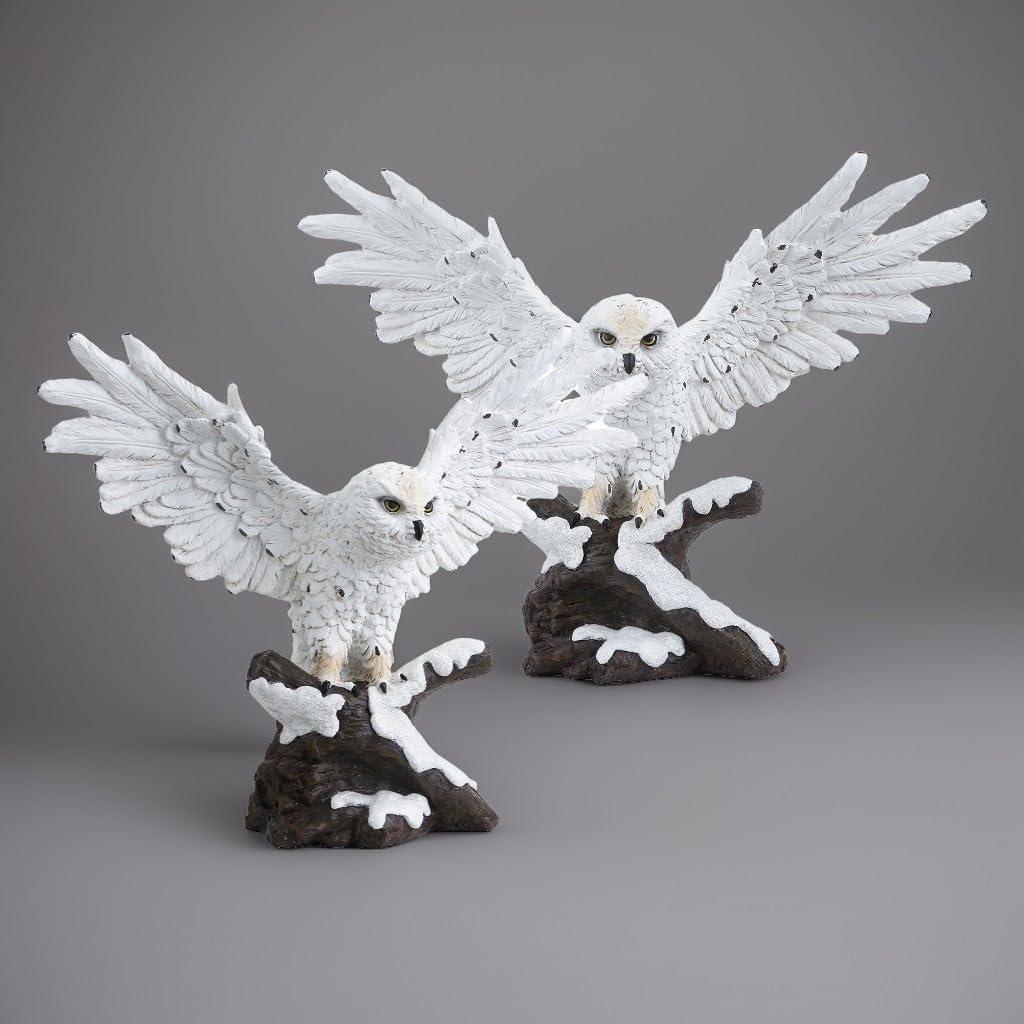 ICE ARMOR 6"W Snowy Owl Couple Standing on Tree Trunk Statue Wild Animal Decoration Figurine