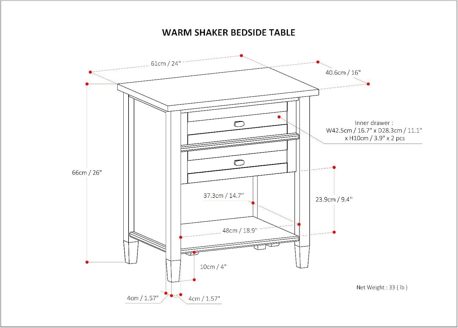 Simpli Home Warm Shaker 24"W Solid Wood Bedside Table with Two Drawers