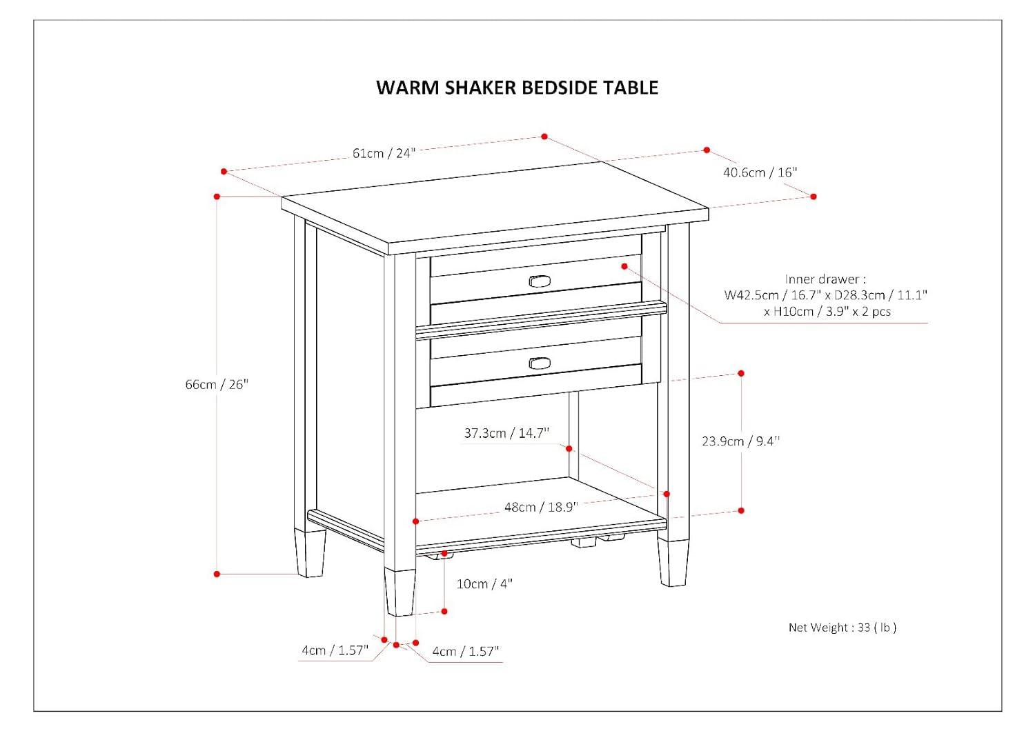 Simpli Home Warm Shaker 24"W Solid Wood Bedside Table with Two Drawers