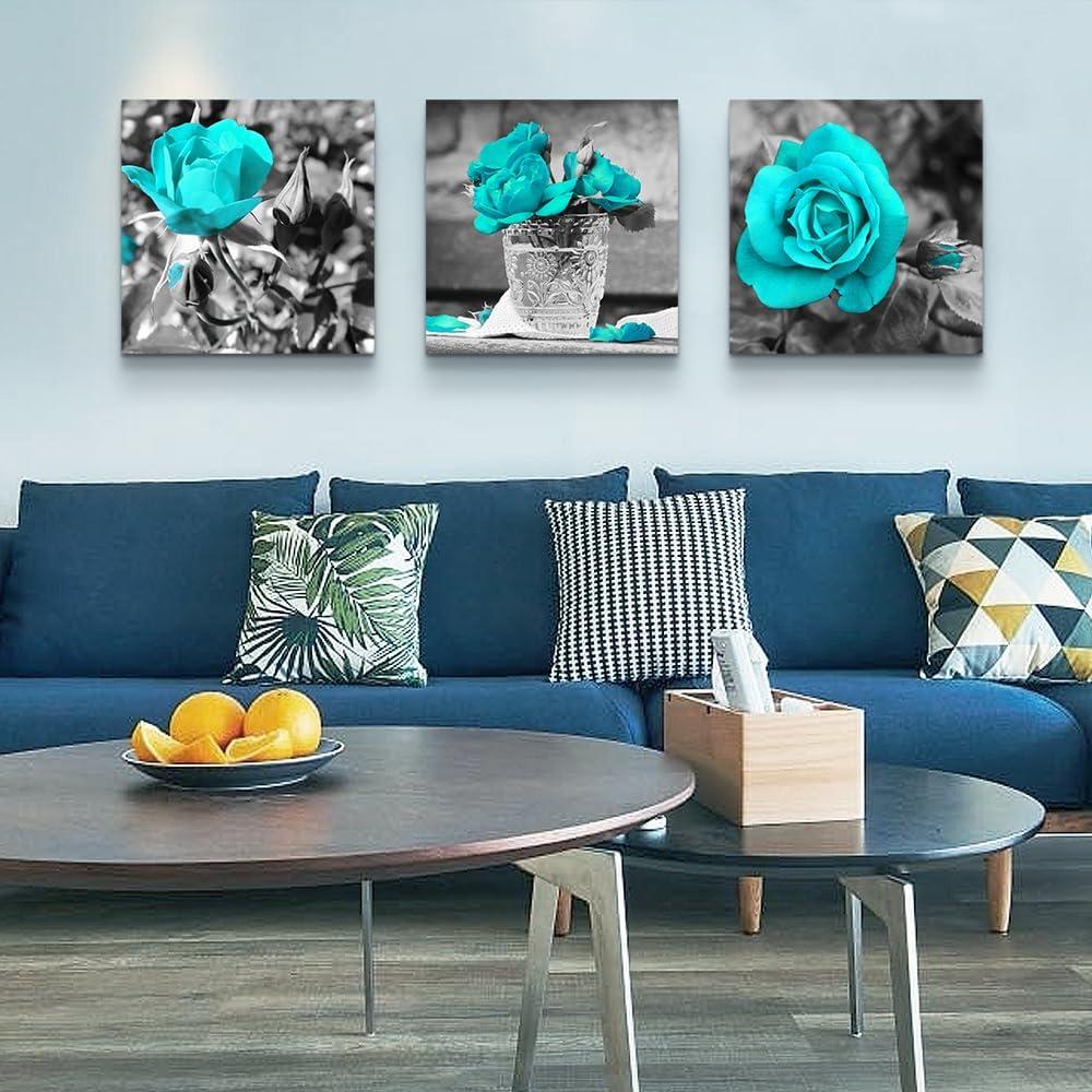 Canvas Wall Art For Bedroom Wall Decor For Living Room Black And White Wall Paintings Blue Rose Flowers Pictures Watercolor Giclee Canvas Prints Ready To Hang Room For Girls Home Decoration 3 Piece