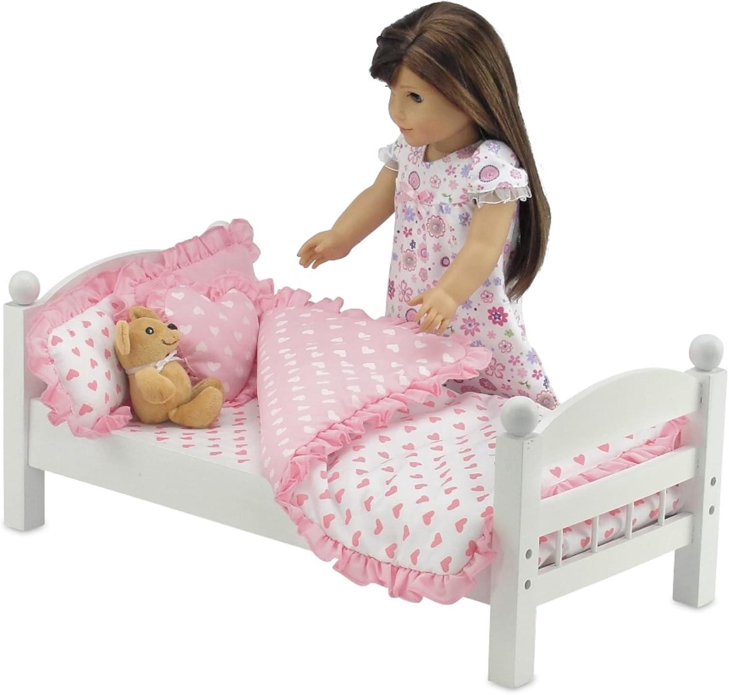 Emily Rose 18-Inch Doll Reverisble Pink Hearts 5-PC Bedding Bundle Set for Toy Beds Bunks Cribs & Cradles | Fits 15" - 18" Doll Bunkbeds - Blanket Pillows Accessories Bed Playset | USA Business