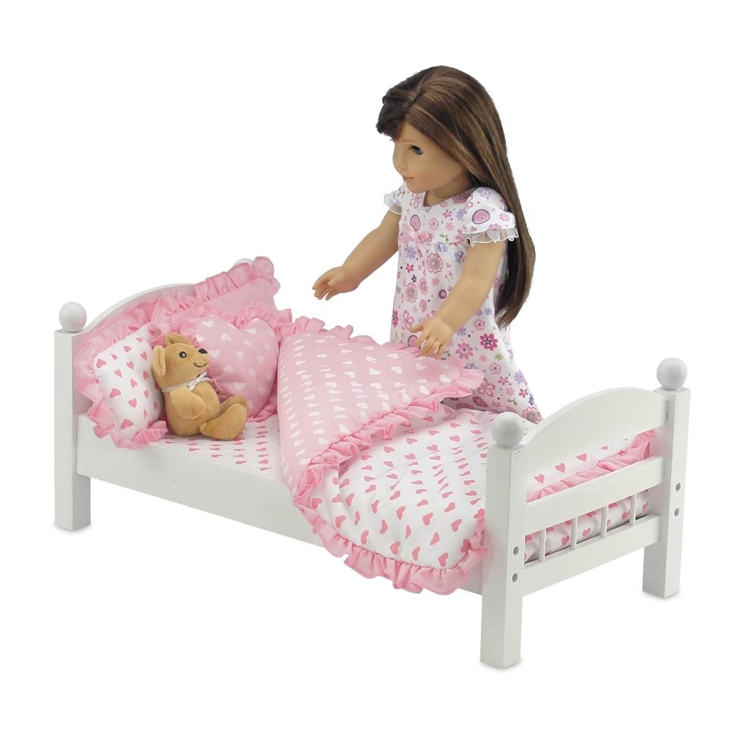 Emily Rose 18-Inch Doll Reverisble Pink Hearts 5-PC Bedding Bundle Set for Toy Beds Bunks Cribs & Cradles | Fits 15" - 18" Doll Bunkbeds - Blanket Pillows Accessories Bed Playset | USA Business