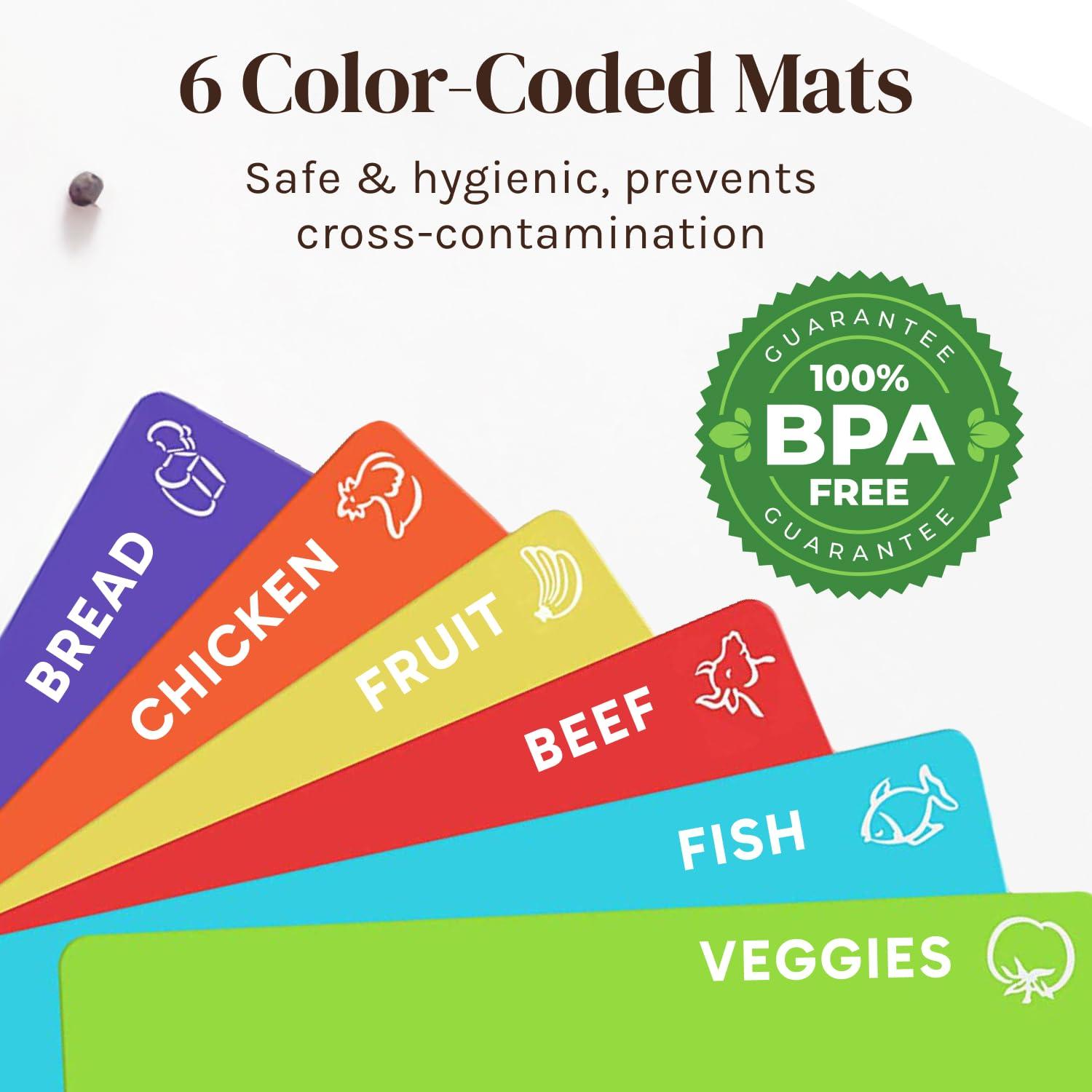 Tabla de Cortar de Madera de Bambú Fácil de Limpiar con Juego de 6 Tapetes de Corte Flexibles Codificados por Colores con Iconos de Comida - Juego de Tabla de Cortar
