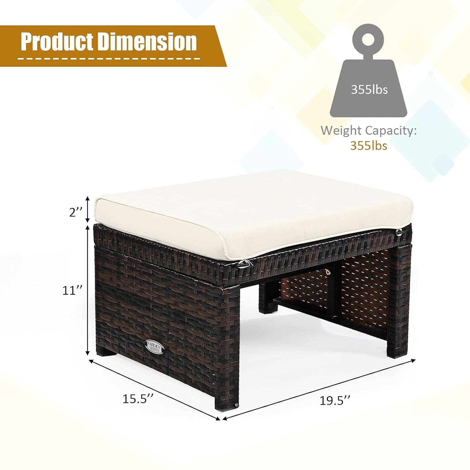 Spaco 2 Pieces Outdoor Patio Rattan Wicker Ottoman Set with Soft Cushion for Garden, Balcony, Poolside, White